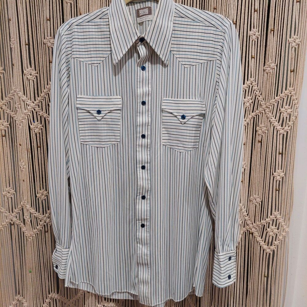 M - VTG Fenton Western Button Up Shirt Permanent Pres Mens Medium White Striped